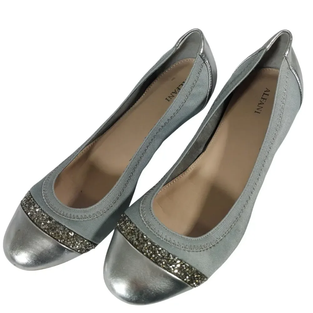 ALFANI! FAB SILVER VEGAN LEATHER, STRETCH FABRIC JEWELED BALLET FLATS! SZ 10M